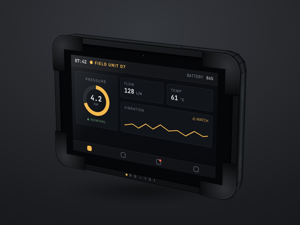 RG-101 rugged tablet, three-quarter view